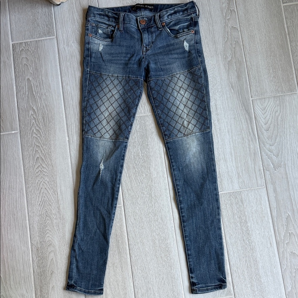 Express Medium Wash Blue Low Rise Skinny Jeans with Quilted Detail
